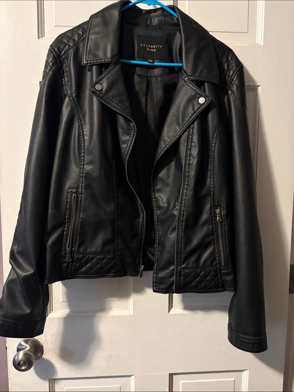 Celebrity Pink Black Faux Leather Moto Jacket